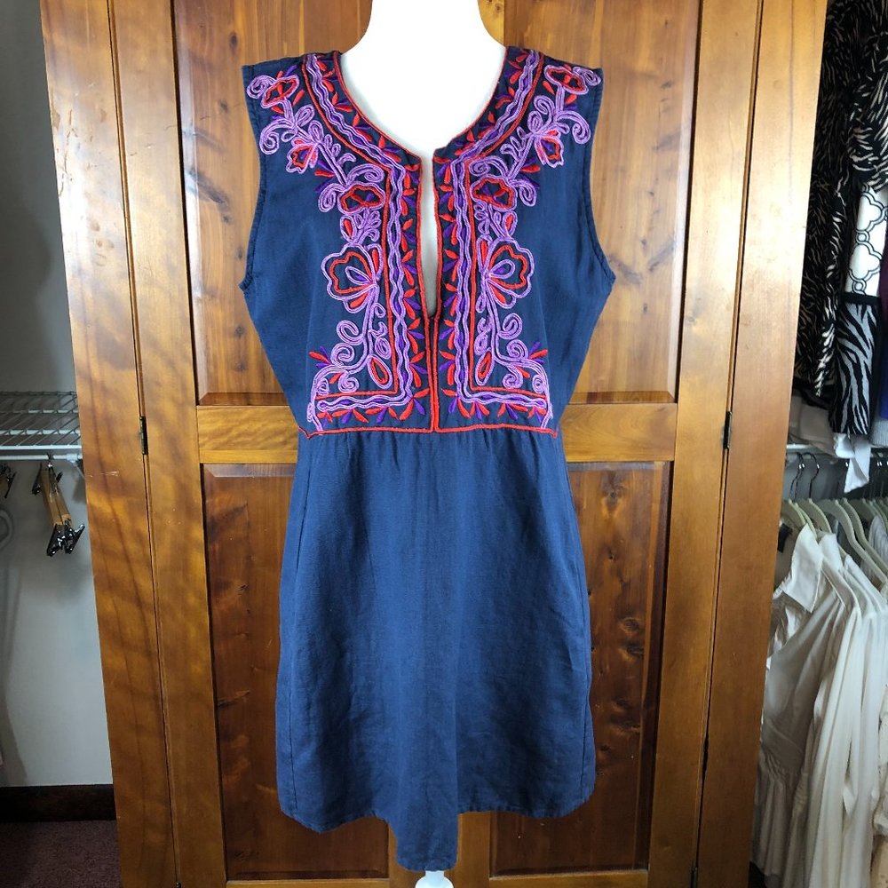 Alex + Alex Linen Blend Beachy Coastal Embroidered Boho Sleeveless Tunic/Dress